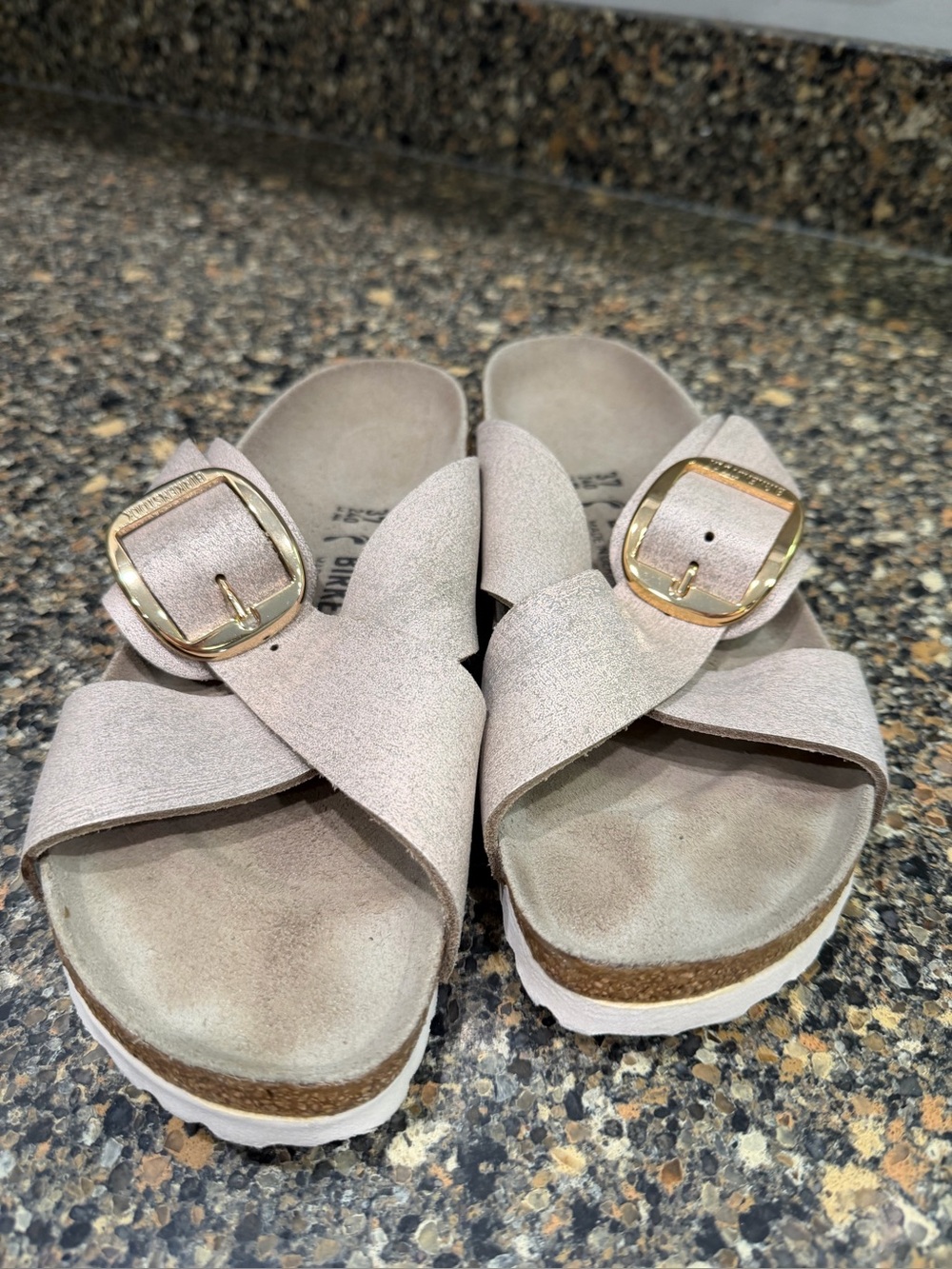 Birkenstock  Women's Cross-Band Slide Sandals in Light Taupe / Gold Buckles 37